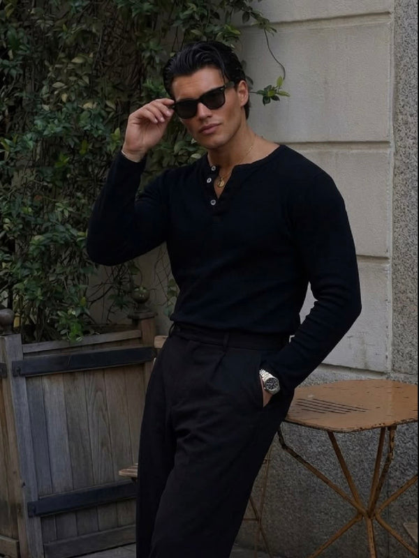 Waffle Knit Henley - Black