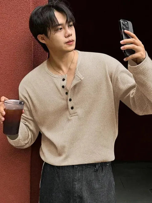 Waffle Knit Henley - Beige