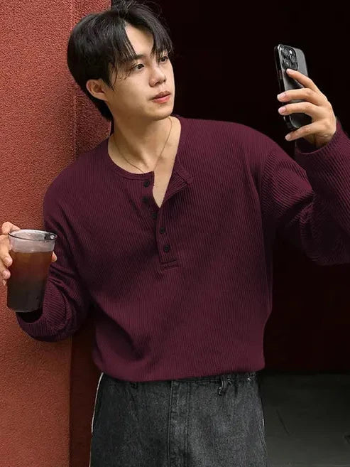 Waffle Knit Henley - Maroon